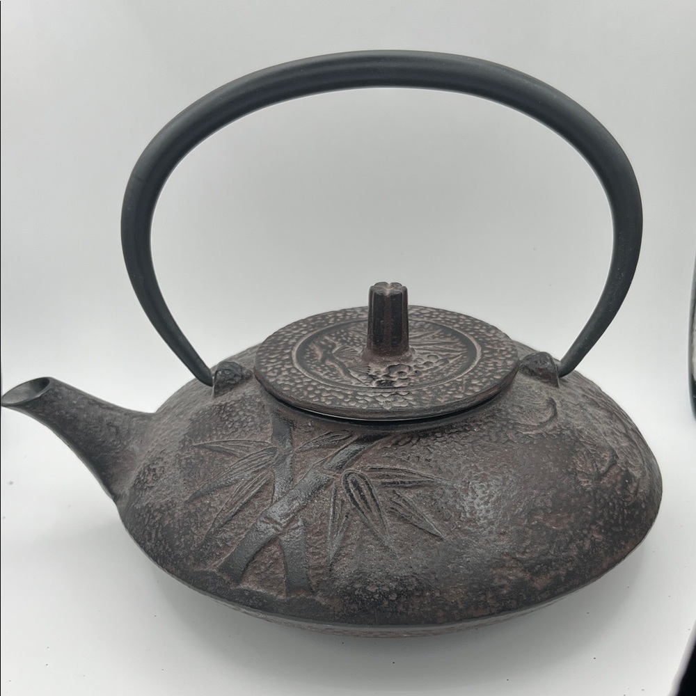 Vintage Cast Iron Teapot with Bamboo Design